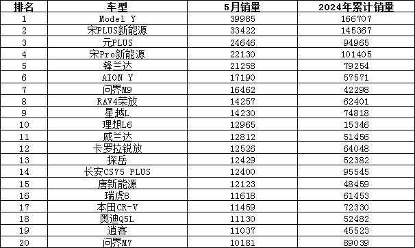 2024年5月汽车销量排行榜 问界M9上榜